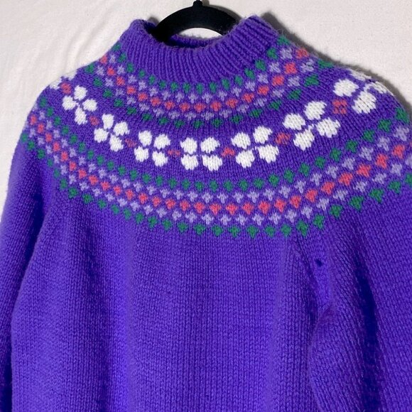 Hand Knit Purple Fair Isle Mock Neck Sweater M - Picture 8 of 11